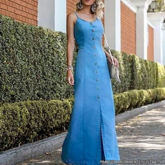 Vestido Jeans Longo de Alça Cidade Ademar - Vestido Jeans Longo com Botões