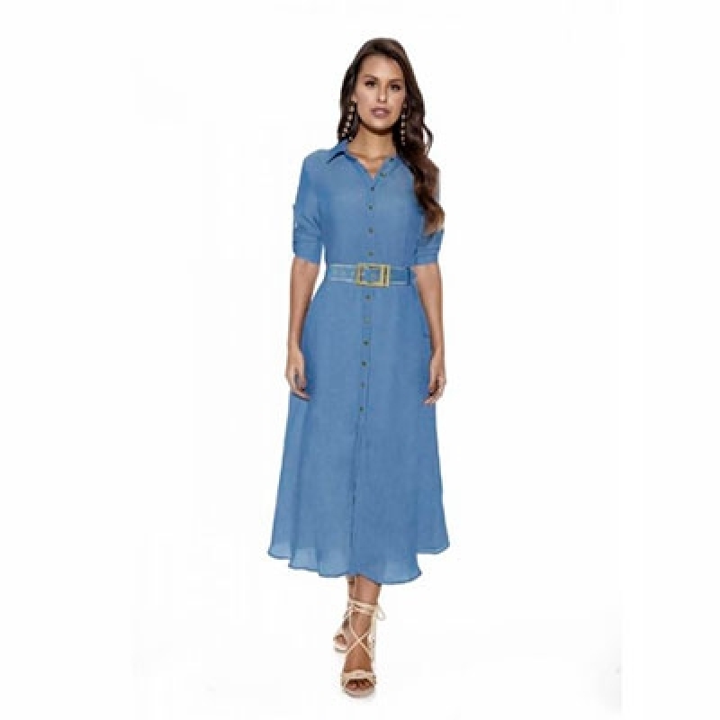 Vestido Longo Jeans Cidade Ademar - Vestido Jeans Longo com Botões